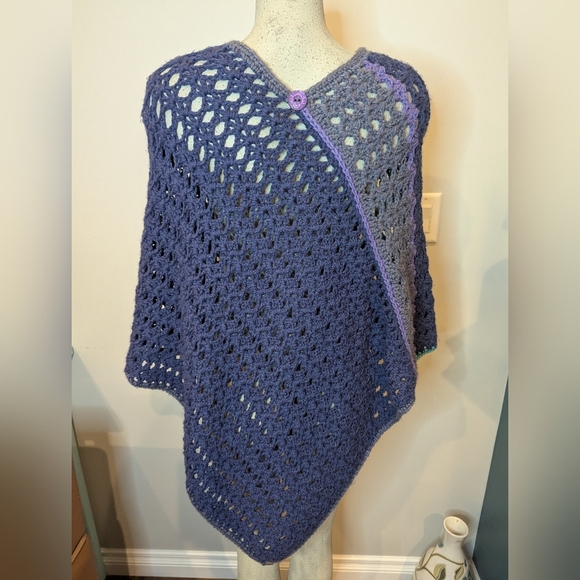 Peacock Artisan Knit Hand Poncho Sweater, Blue, Purple, Teal One Size Acrylic - Picture 7 of 13